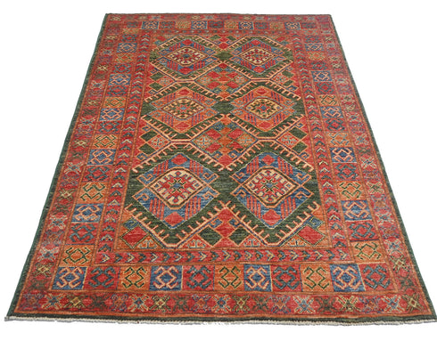 4x6 Red Green Ersari Afghan Hand Knotted Veg Dye Wool Area Rug